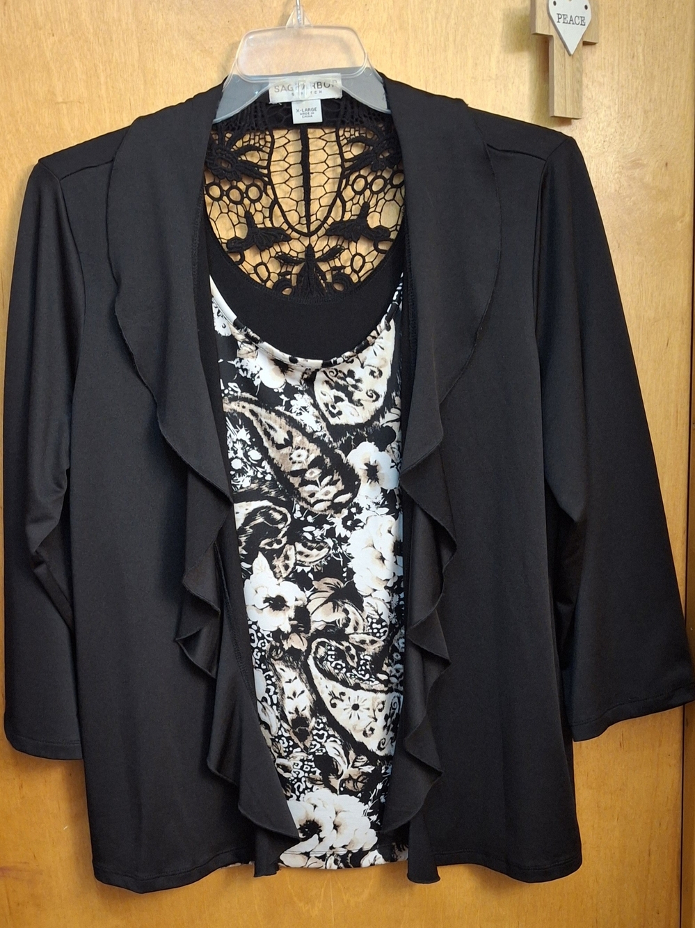 Sag Harbor Black Layered Ruffle-Front Tunic with Black-and-Cream Floral Panel